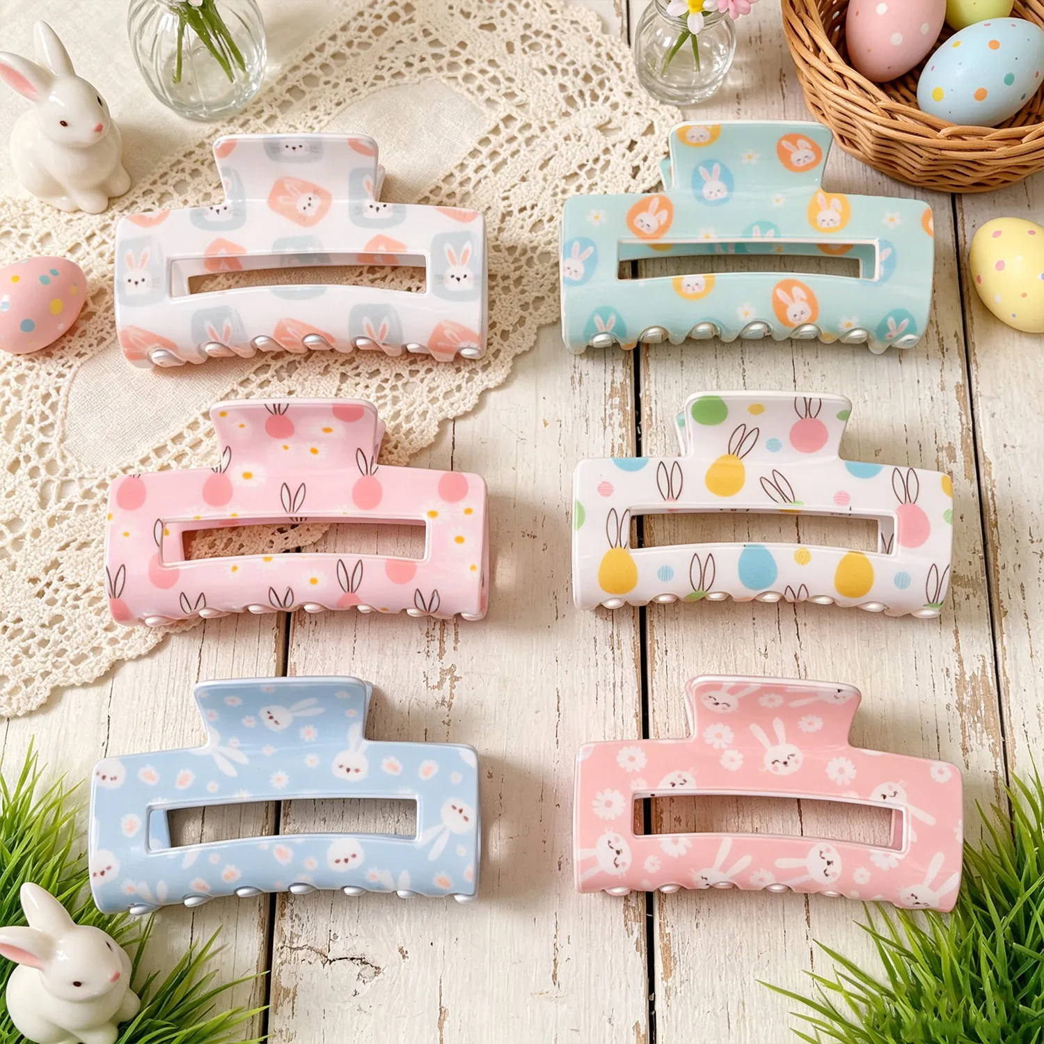 Easter Haarklammer Kunststoff Cartoon Hase Bunte Eier Blumen Rechteckig Groß Rutschfestes Accessoire Für Frauen Mädchen
