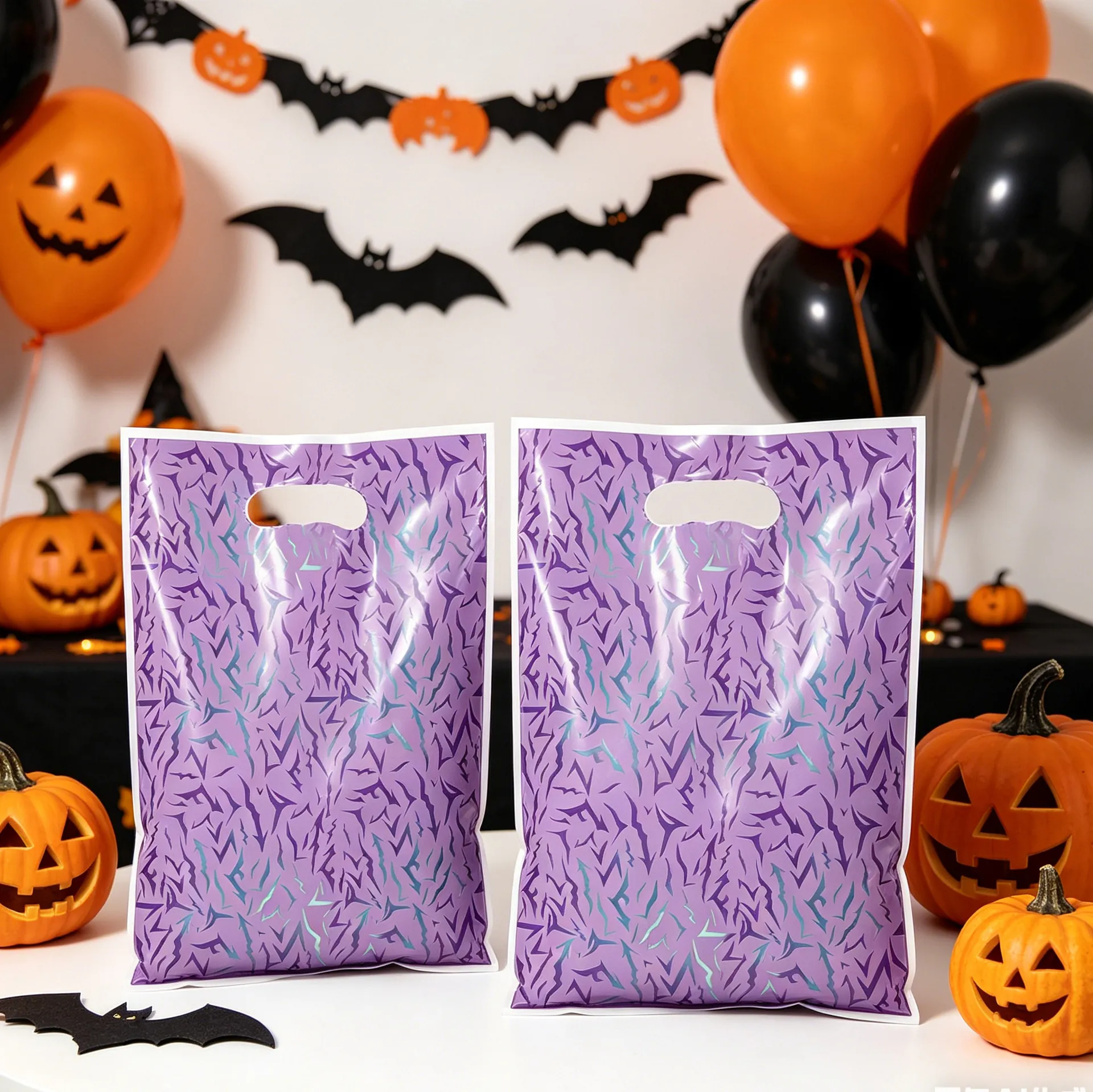 Purple Laser Lightning Pattern Halloween Gift Bags Plastic Tote Handbags Punched Handle Goodie Bags For Festival Party Favors