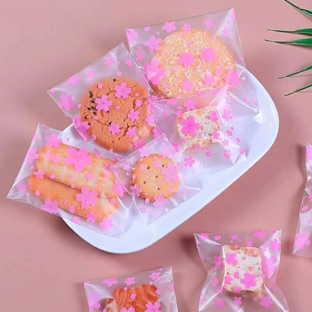 Frosted Pink Translucent Cherry Blossom Self-Adhesive Packaging Bags For Cookies Snowflake Crisp Candy Bakery Bags