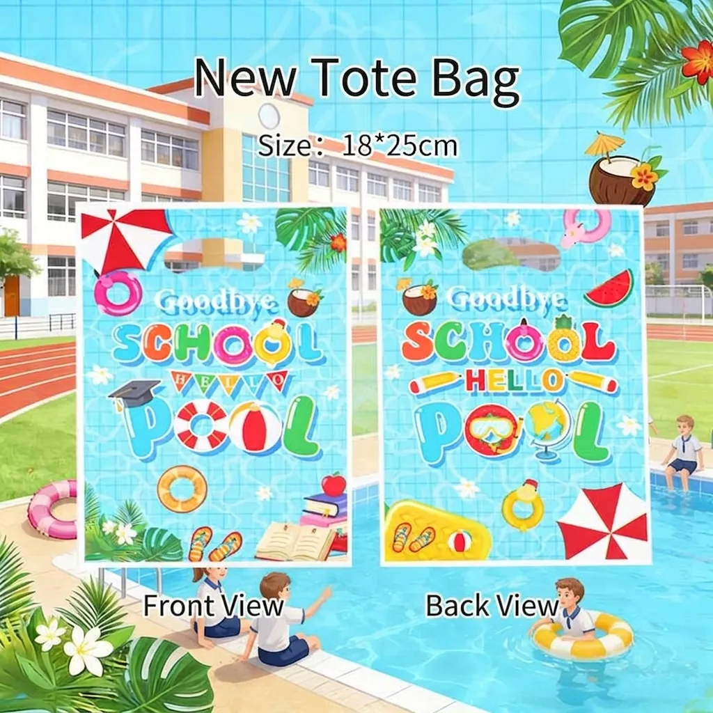 Goodbye School Hello Pool Theme Gift Bag Summer Graduation Party Favors Plastic Treat Bags with Handle for Kids