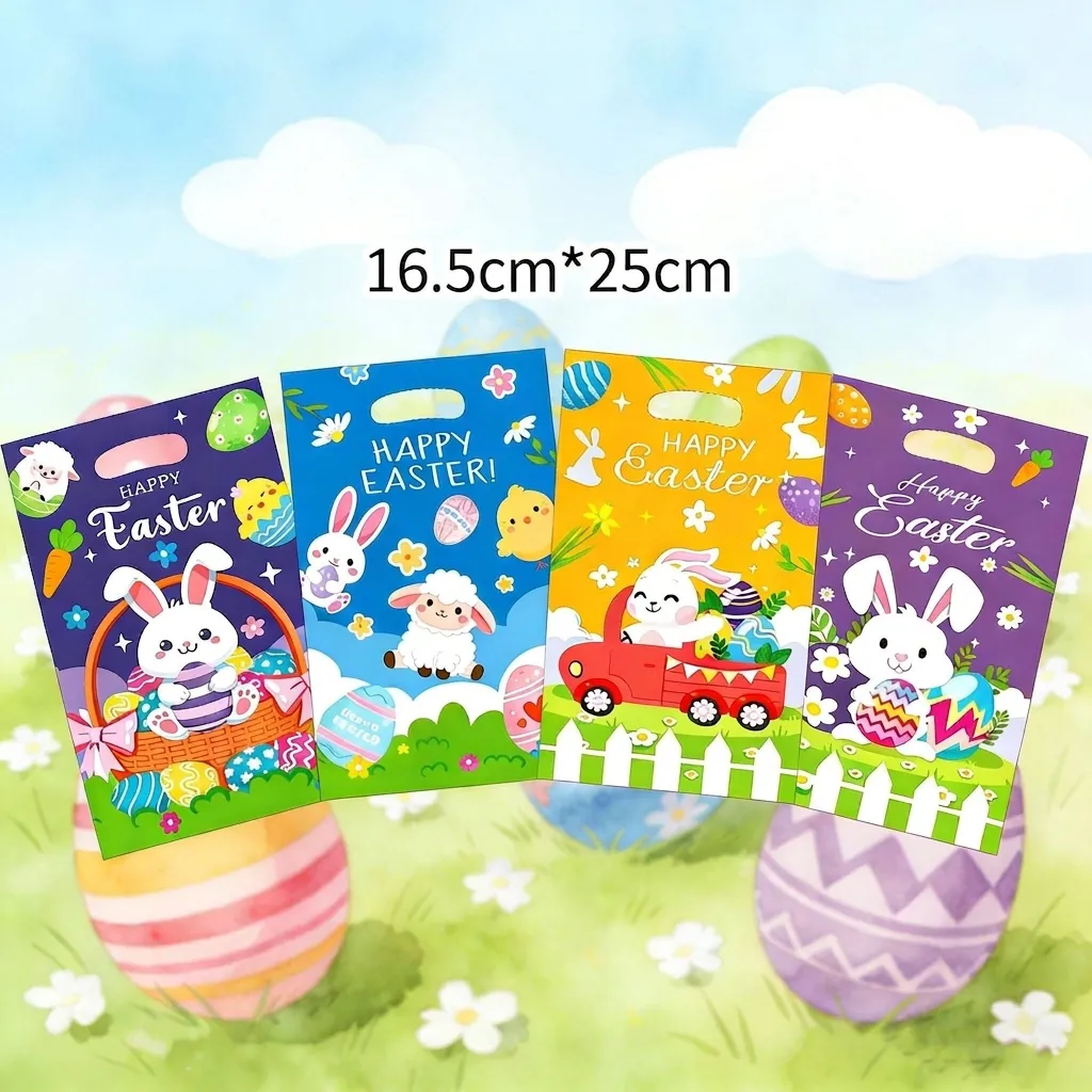 Bolsas de Regalo de Pascua de Conejo de Dibujos Animados Bolsas de Plástico Perlado para Caramelos Con Asas para Fiestas de Festivales Bolsa Estampada