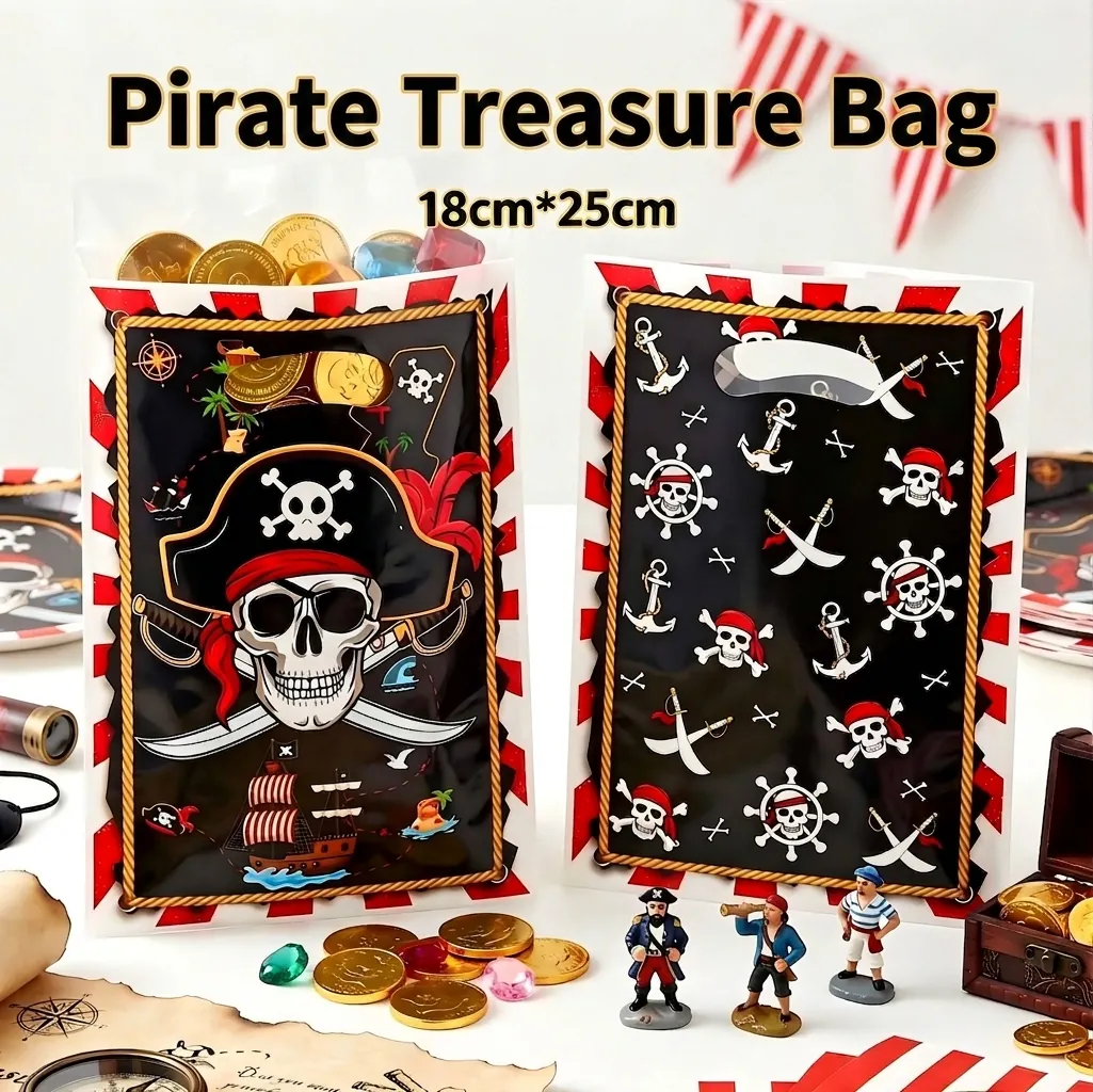 Pirate Theme Birthday Party Gift Bags For Kids Cartoon Plastic Treasure Map Skull Print Handled Candy Bags Return Favor Bag
