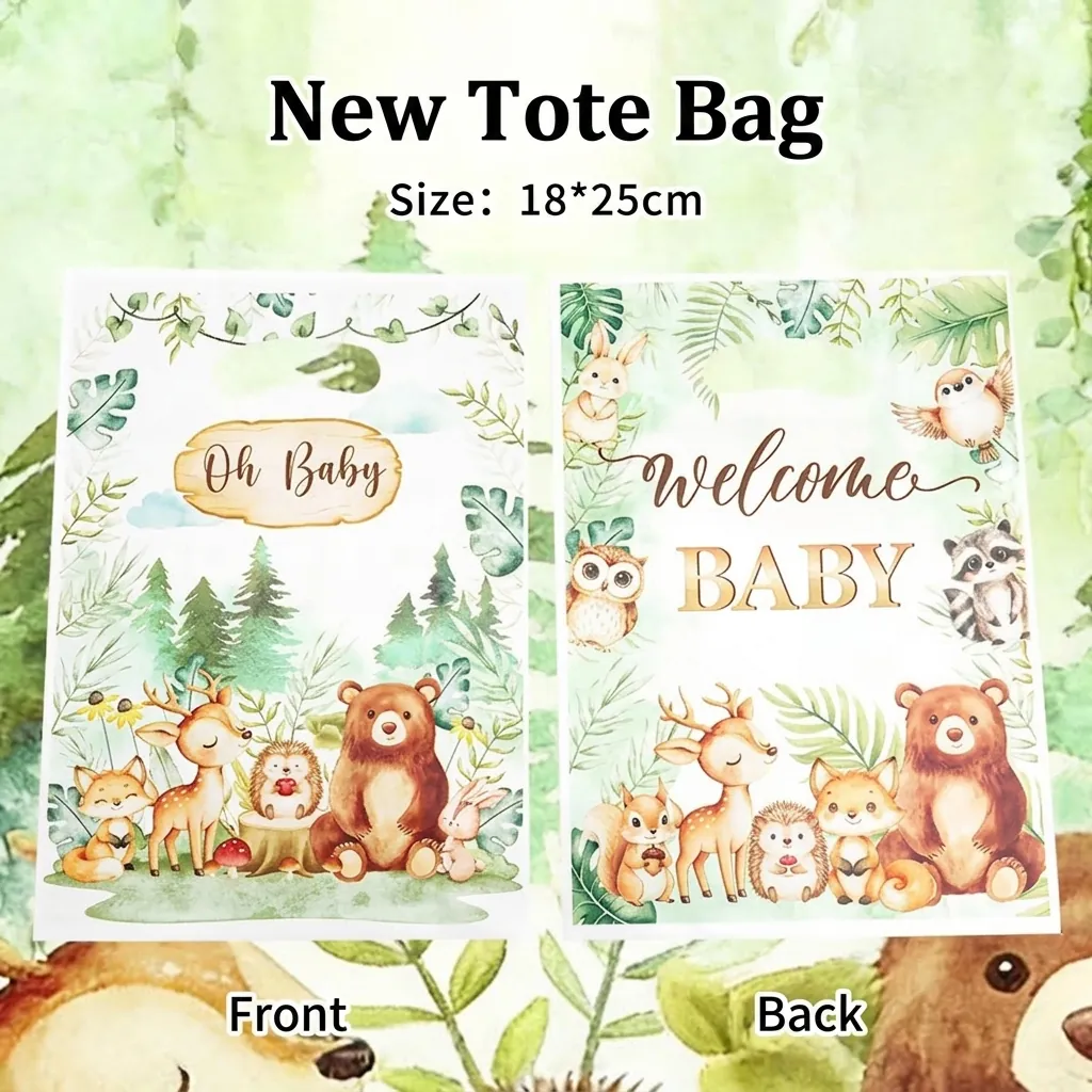 Jungle Animal Theme Party Gift Bags Cute Forest Bear Fox Deer Print Plastic Candy Packaging Handheld Bags For Baby Shower Birthday Event