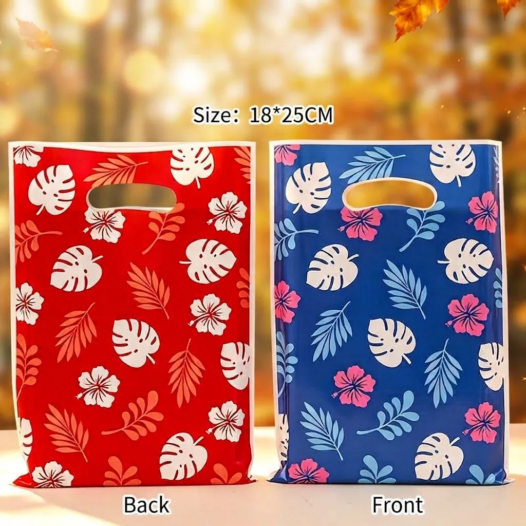 Hawaiian Tropical Leaf Print Plastic Gift Bags With Punch Handle For Party Snacks Candy Souvenir Packaging Bags