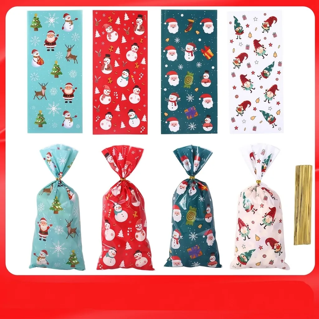 Christmas OPP Packaging Bags Santa Claus Snowman Patterned Plastic Gift Bags For Baking Candy Cookies With Gold Twist Ties
