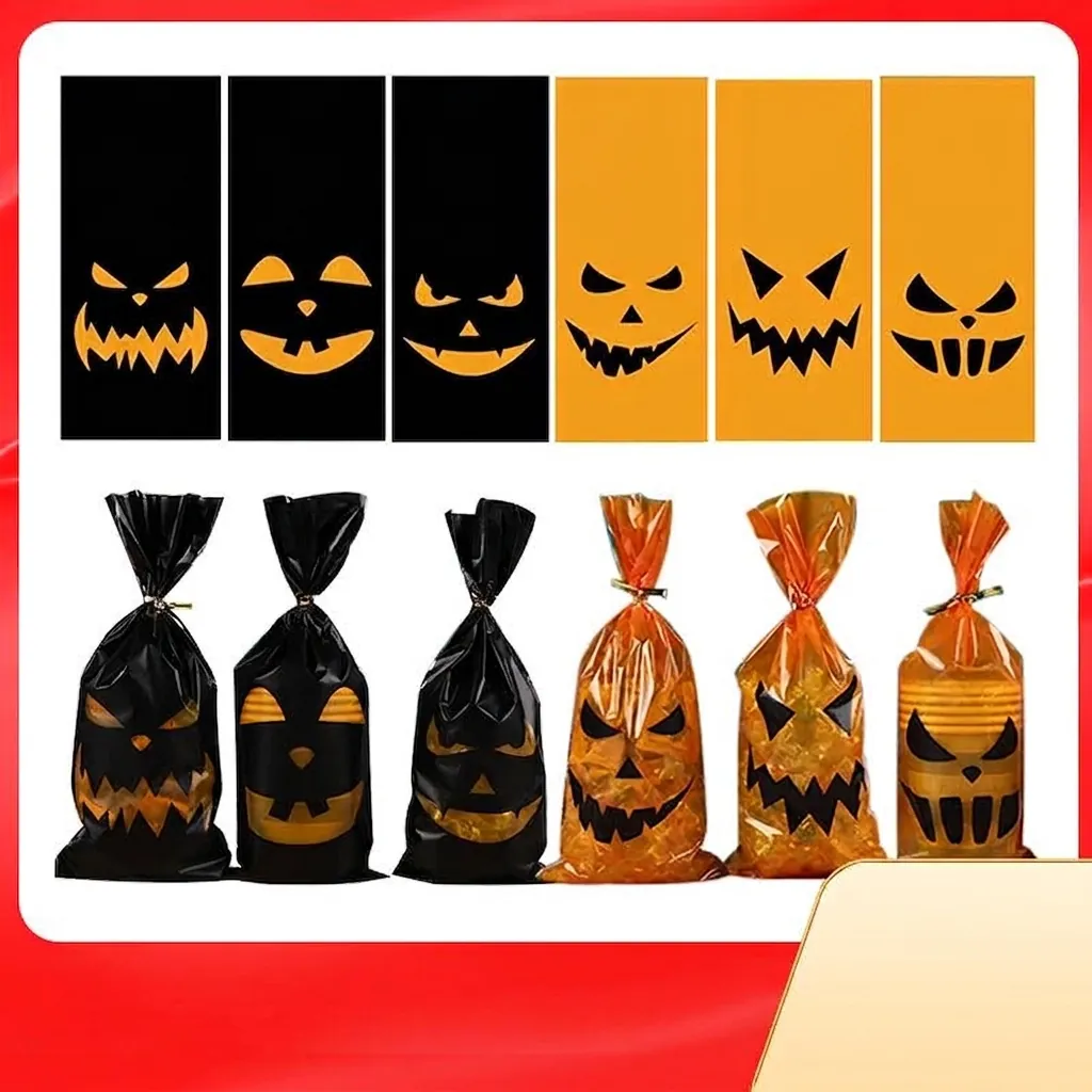 Halloween Pumpkin Smile Face OPP Flat Packaging Bags For Candy Treats Cookies Gifts Festival Party Favors Orange Black