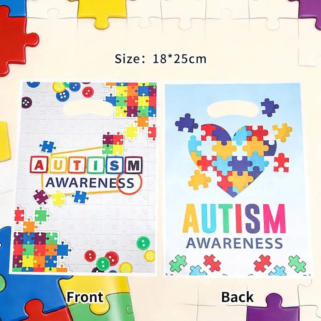 Autism Awareness Heart Puzzle Gift Bags Plastic Colorful Puzzle Piece Tote Bag For Birthday Party Shopping 18x25cm