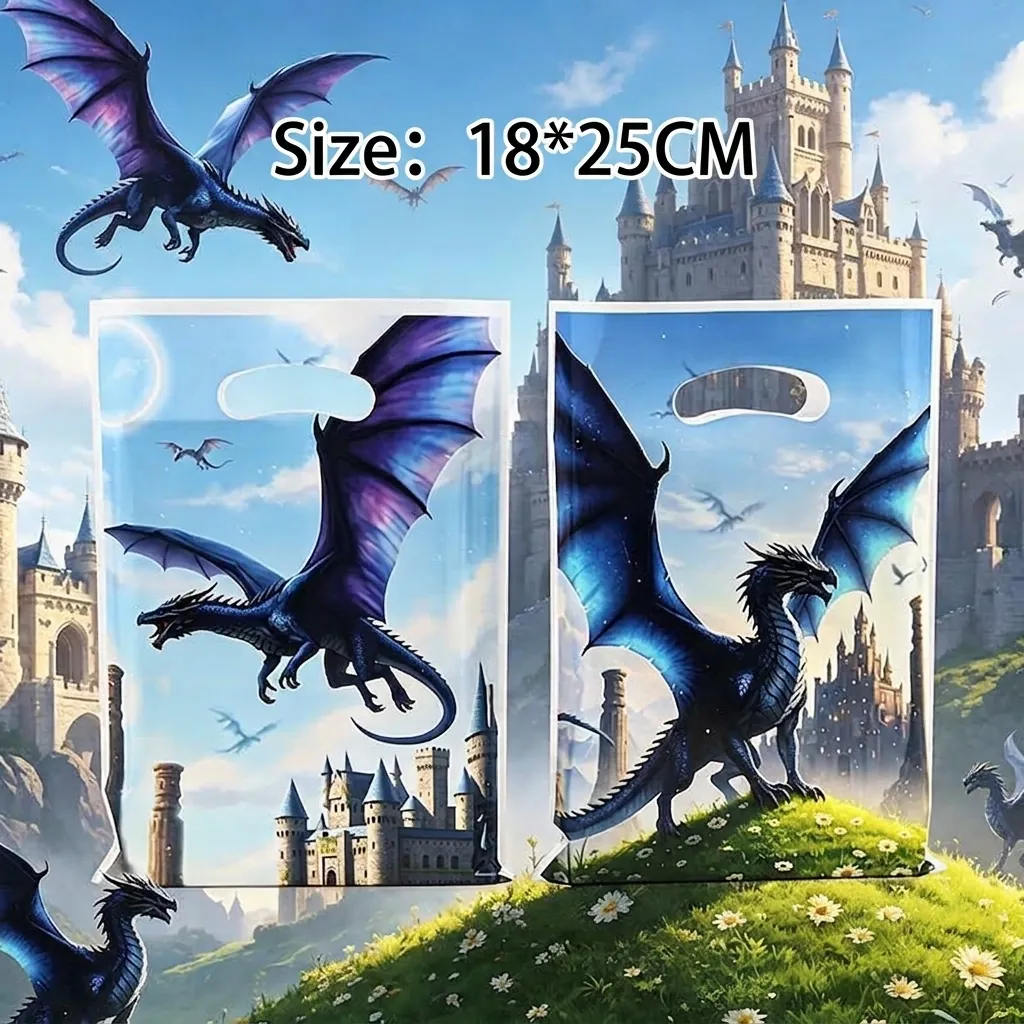 Bolsas de Regalo de Plástico con Tema de Castillo de Dragón de Fantasía con Agujero de Asa Bolsas de Regalo Impermeables para Fiesta de Cumpleaños Niños