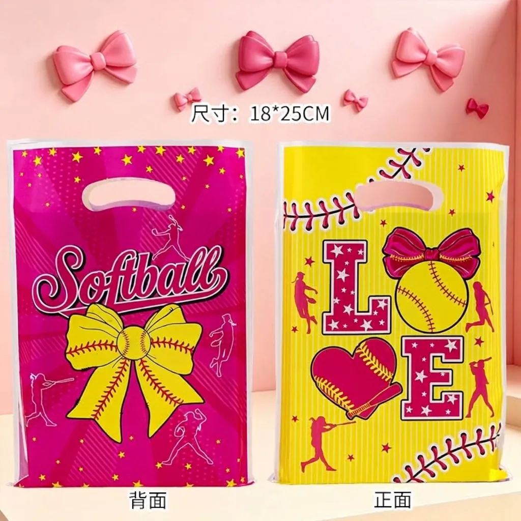 Sachets Cadeaux en Plastique Thème Softball Avec Poignées Sacs de Fête Sportive pour Bonbons Rose Jaune Motif Imprimé