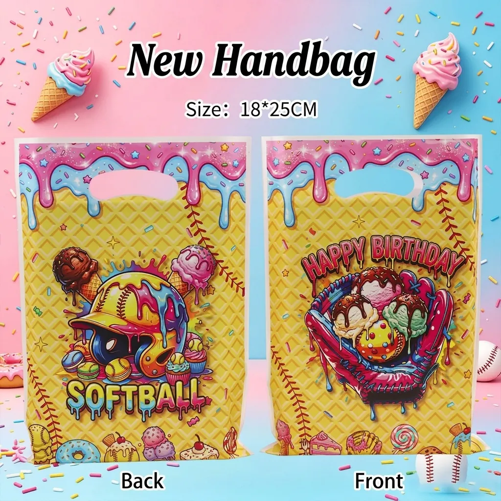 Softball Ice Cream Theme Kids Birthday Party Gift Bags Plastic Handle Candy Treat Bags Cartoon Goodie Bags For Boys Girls Party Supplies