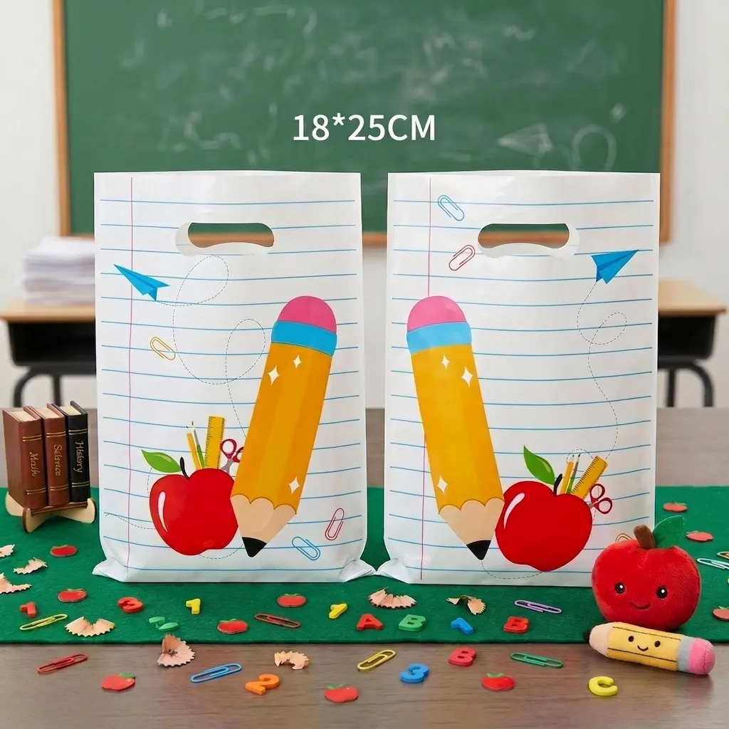 Schul-Thema Plastik Geschenktüten Notizbuch Blaue Linie Bleistift Apfel Druck Tragetaschen Schulanfang Kinder Schüler Mitgebsel Taschen