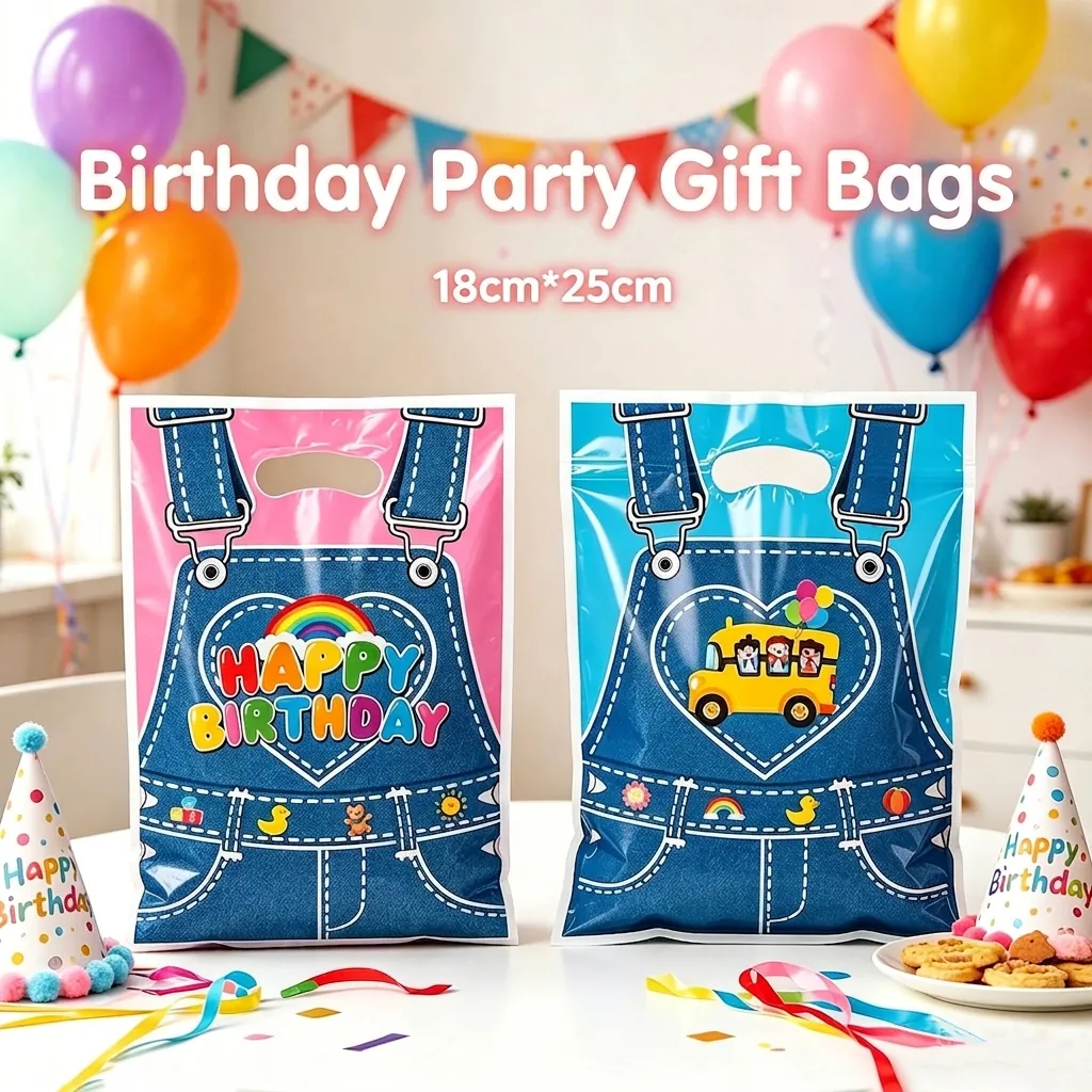 Sacs Cadeaux d'Anniversaire Style Salopette en Denim Dessin Animé Plastique Bus Scolaire Arc-en-ciel pour Enfants