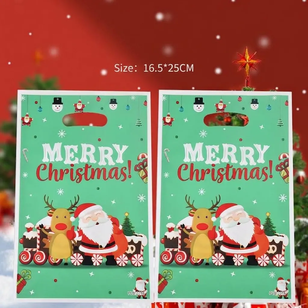 Merry Christmas Pearlescent Film Gift Bags Cartoon Santa Claus Reindeer Pattern Candy Cookie Snack Bags For Holiday Birthday Party Favor Return Bags Kids