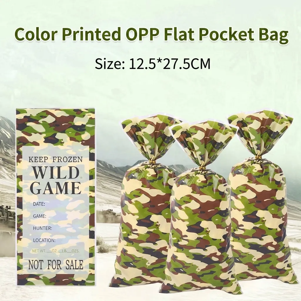 Camouflage Printed OPP Plastic Flat Bags With Gold Ties Wild Game Storage Label For Snack Candy Popcorn Food Packaging Bags