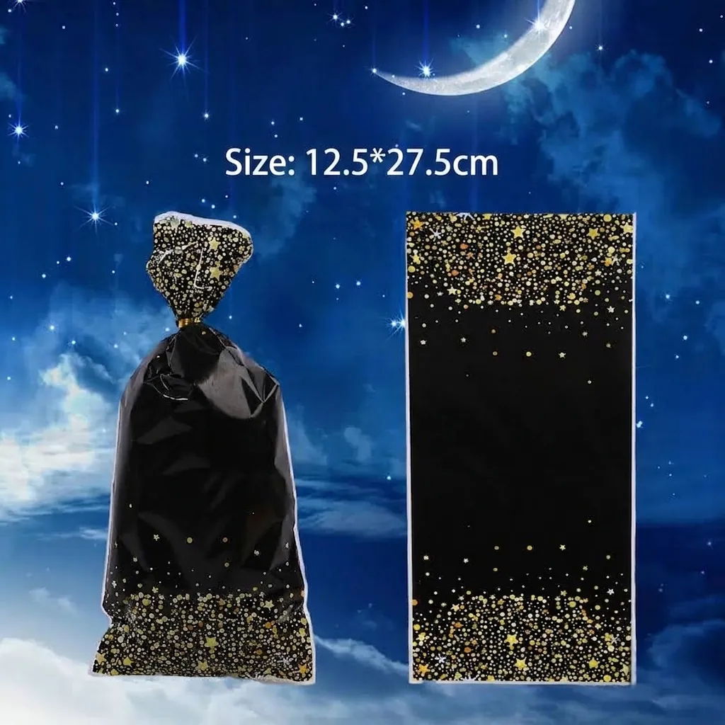 Bolsas de Regalo OPP con Estampado de Diamante y Cielo Estrellado para Cumpleaños Dulces Repostería Galletas Empaque Negro y Dorado con Estrellas