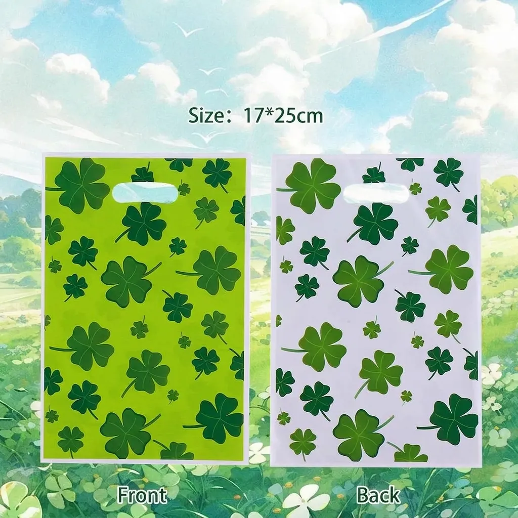 St. Patrick's Day Gift Bags Green Clover Pattern Plastic Handheld Treat Bag Shamrock Print Party Favors Storage Bag