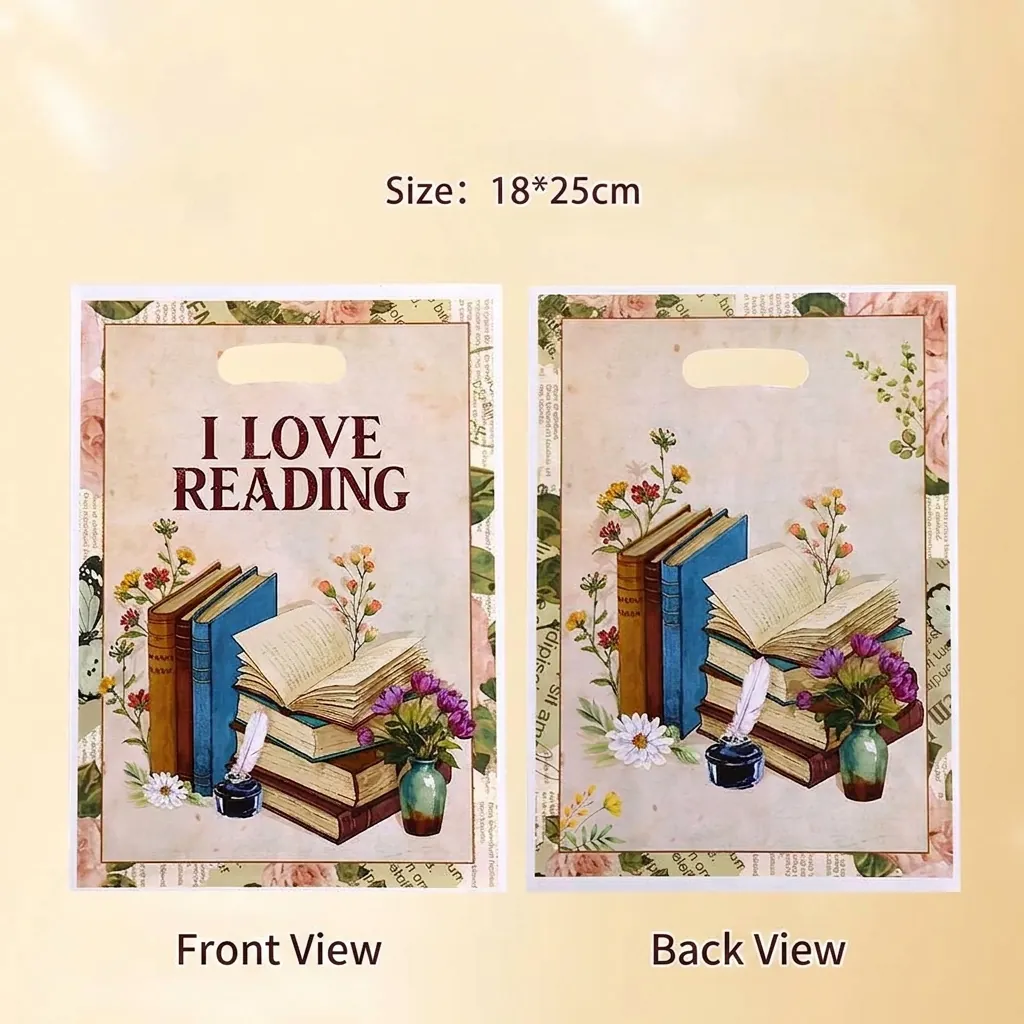 I Love Reading Retro Books Floral Gift Bags Plastic Pearl Film Packaging Bags For Kids Party Candy Snacks Small Bags