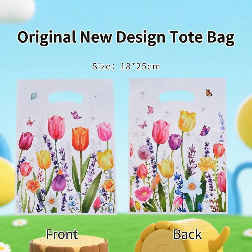 Tulip Flower Printed Plastic Gift Bags With Handles Pearlescent Film Floral Packaging For Party Favors Wedding Candy Snacks Supplies