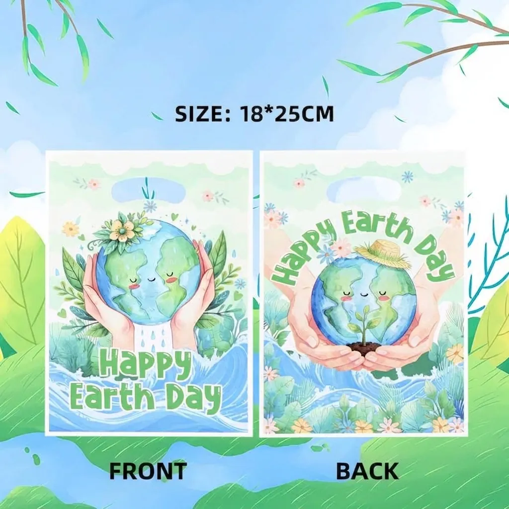 Happy Earth Day Theme Plastic Handbags For Candy Snacks Eco Friendly Illustration Designs Packaging Bags Die Cut Handle