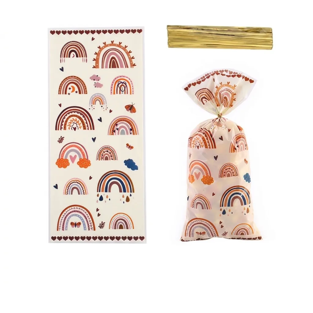 Cartoon Rainbow Heart Printed OPP Plastic Candy Gift Bag With Ties For Party Snack Packaging Transparent Pouch