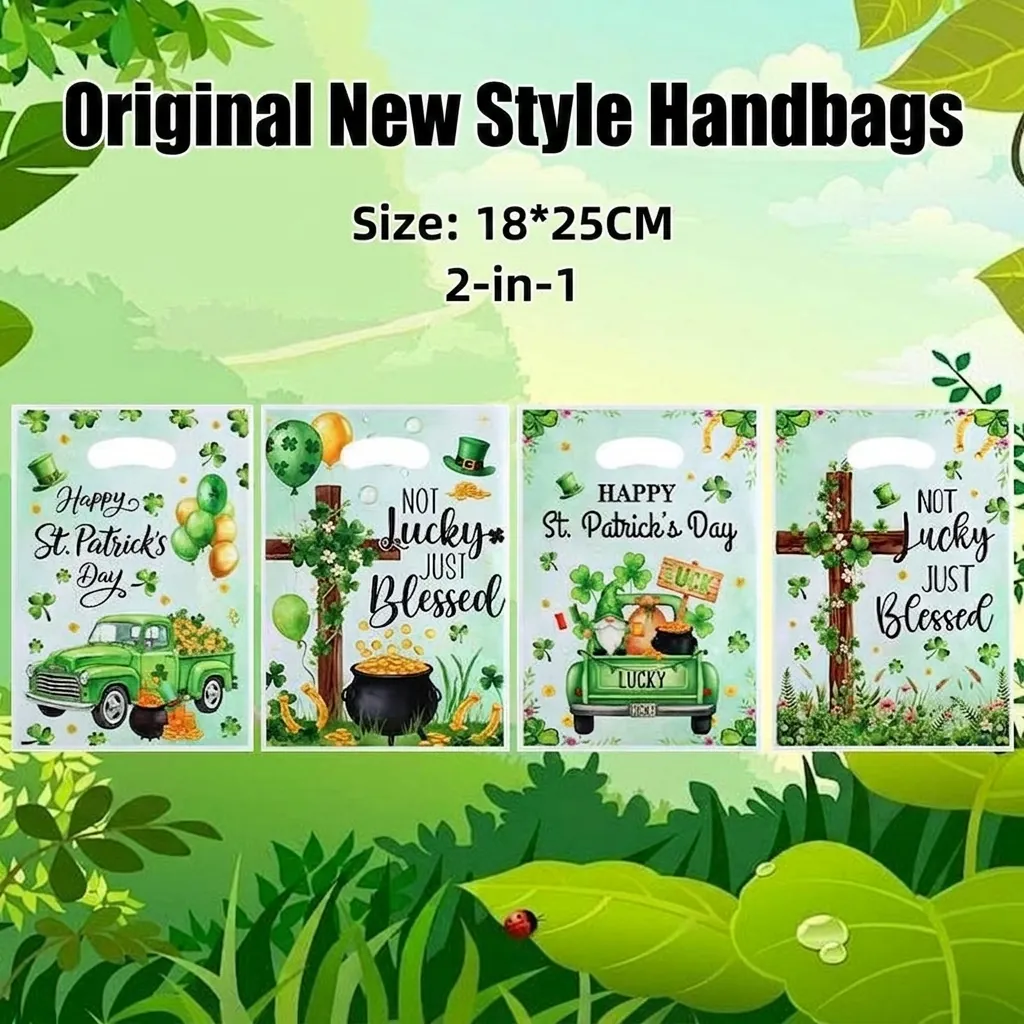 St Patricks Day Geschenktüten Grüne Kleeblatt Glücksbringer Pearlescent Kunststoff Verpackungsbeutel Für Feiertags Party Favors Geschenke