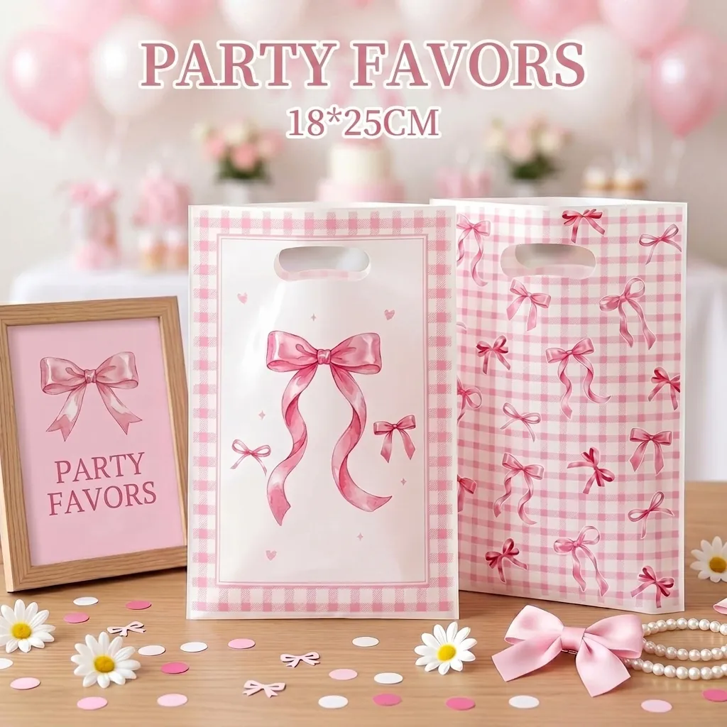 Sweet Pink Bow Plastic Gift Bags Gingham Ribbon Bowknot Party Favor Bags With Handle For Birthday Baby Shower Packaging