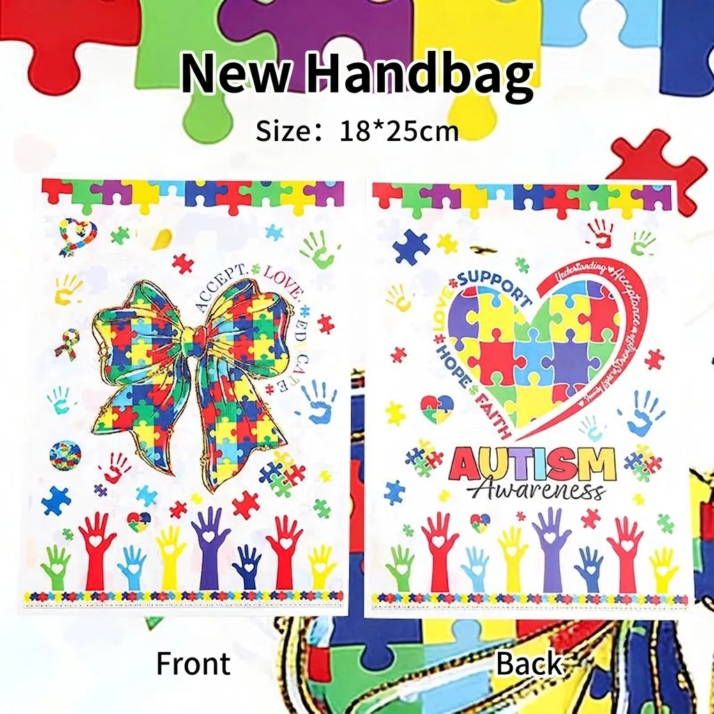 Bolsa de Regalo de Plástico Tema Concienciación sobre el Autismo Corazón Mariposa Patrón Rompecabezas Estampado Bolsa Empaque Caramelos Con Asa Para Fiesta Evento