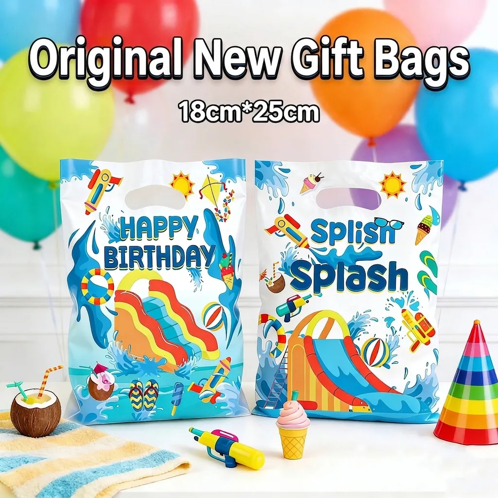 Summer Water Park Theme Gift Bags Thickened Plastic Tote Bags For Kids Birthday Pool Party Favors Printed Treat Bags