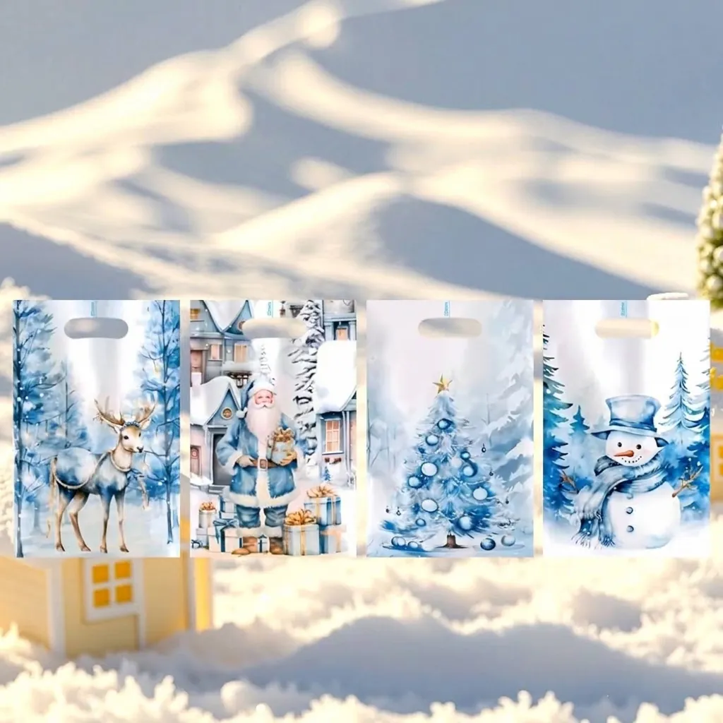 Blue Christmas Theme Tote Gift Bags Pearl Film Plastic Candy Packaging For Holiday Party With Santa Reindeer Snowman Print