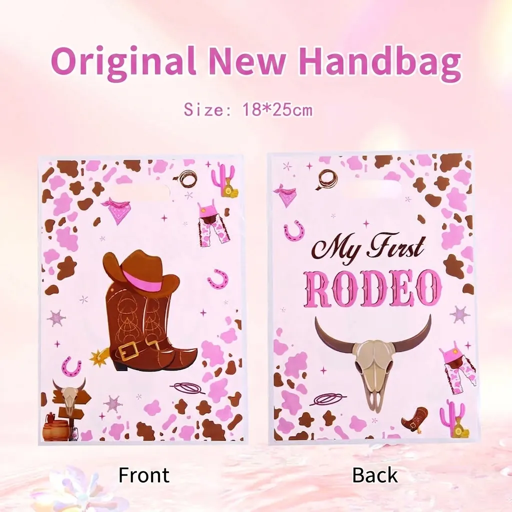 Rosa Western Cowboy Rodeo Party Tüten My First Rodeo Kuhmuster Kunststoff Perlmuttfolie Geschenktüten für Süßigkeiten