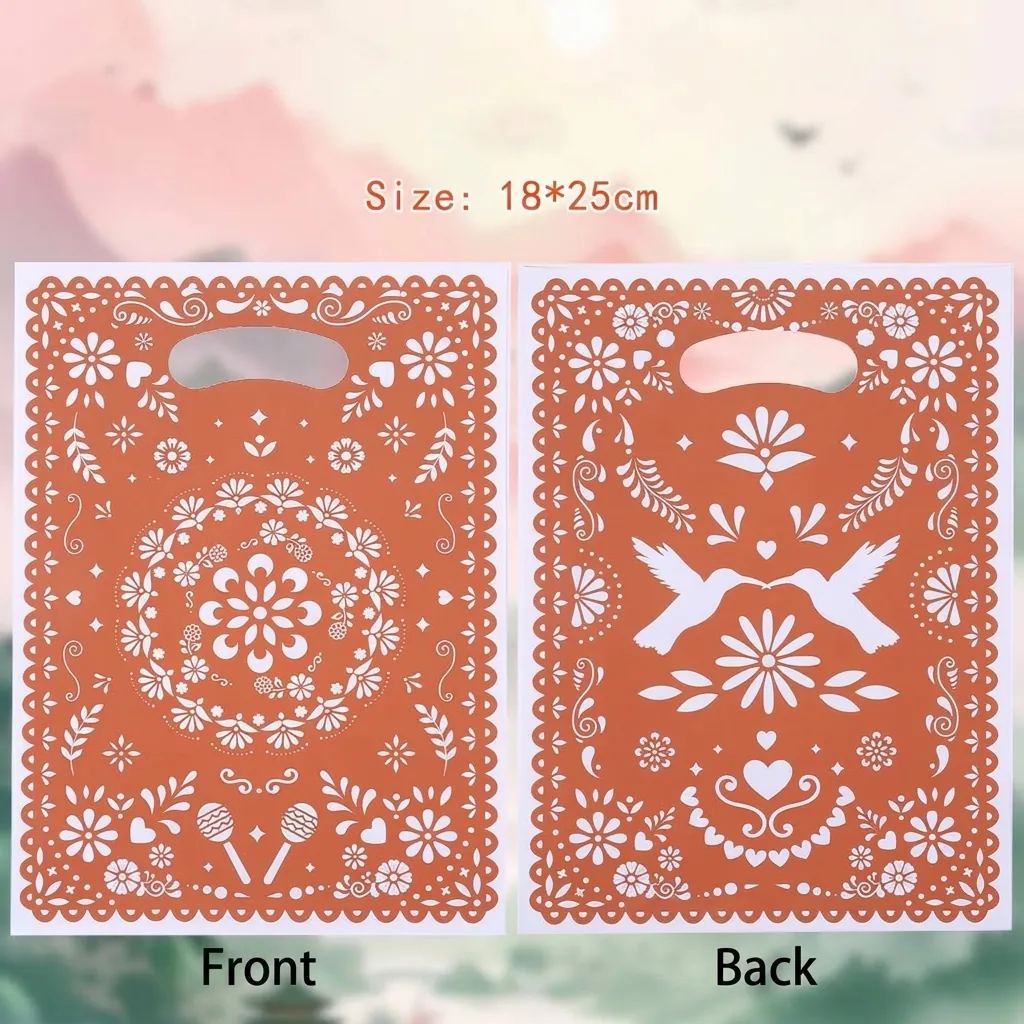 Mexicaanse Papel Picado Stijl Plastic Geschenktassen Oranje Papiergesneden Handtassen Voor Feestartikelen Bruiloft Snoepzakjes