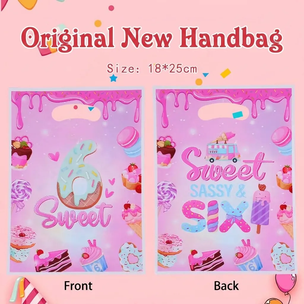 Pink Sweet 6 Birthday Party Gift Bag Donut Dessert Theme Pearlescent Film Handle Bag Food Grade Plastic Candy Cookie Packaging Bag
