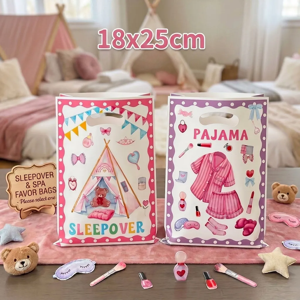 Sacs Cadeaux à Thème Pyjama Party pour Filles Anniversaire Imprimés Sacs à Souvenirs en Plastique Avec Poignée