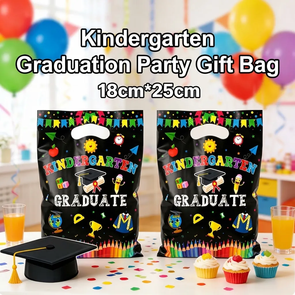 Kindergarten Graduation Gift Bags Black Plastic Handbags For Kids Party Favor Candy Wrapping Printed Treat Bags Graduation Celebration Handbags