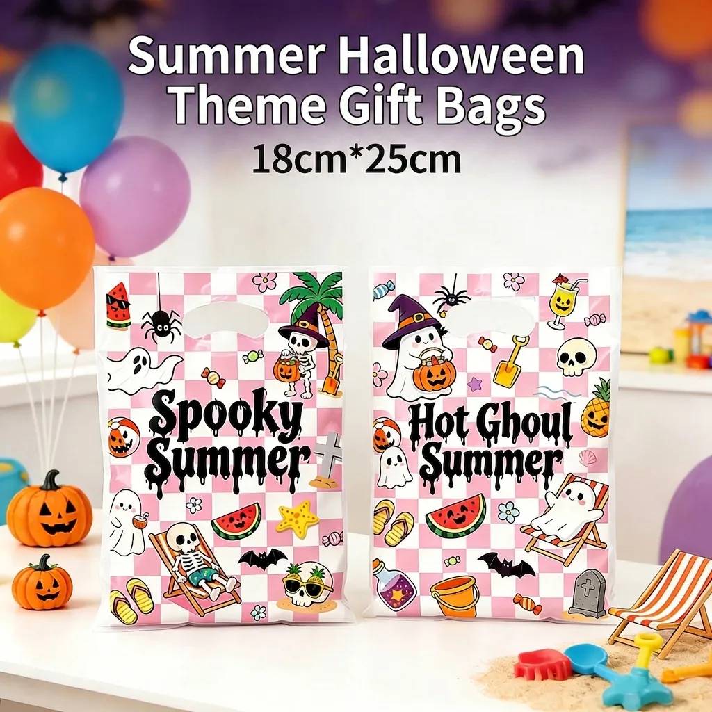 Summer Halloween Theme Gift Bags Pink White Checkered Plastic Treat Bags Ghost Skull Watermelon Prints Birthday Party Favor Return Bags