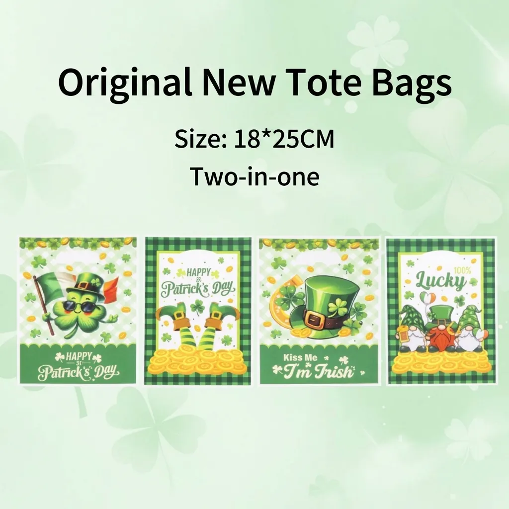St Patrick's Day Plastic Gift Bags Green Four Leaf Clover Shamrock Print Handle Candy Bags For Irish Festival Party Favors