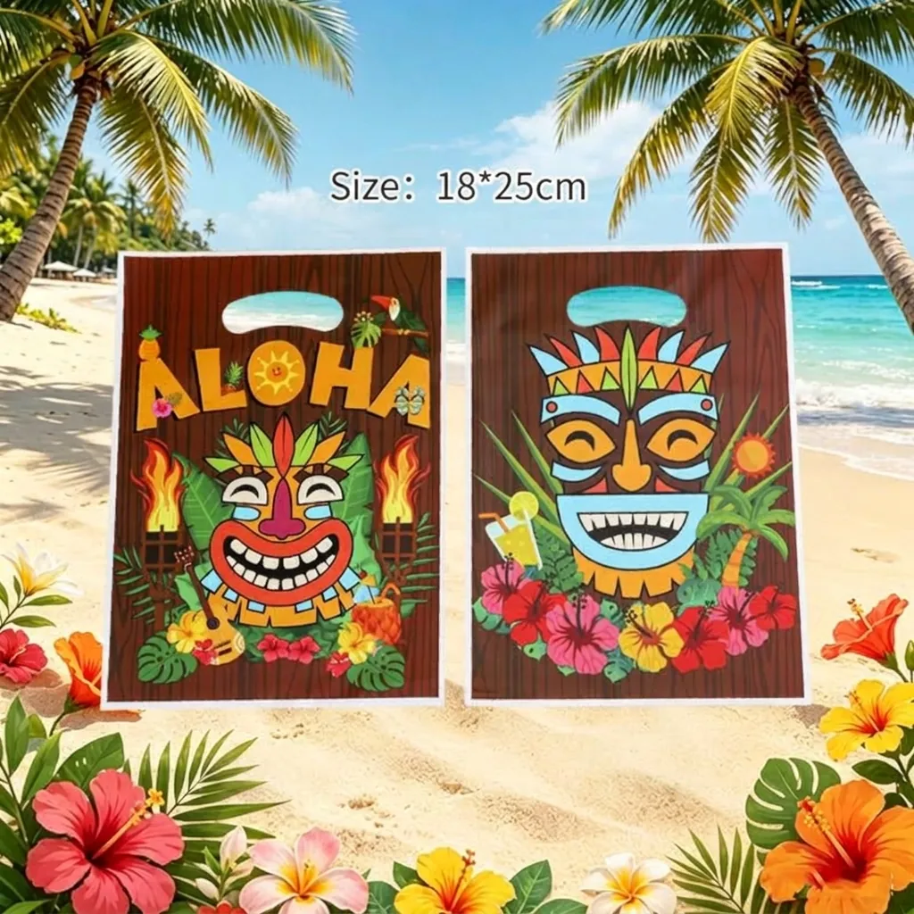 Hawaiian Aloha Tiki Party Favor Bags Plastic Tropical Luau Treat Bags For Birthday Summer Beach Party Gift Packaging