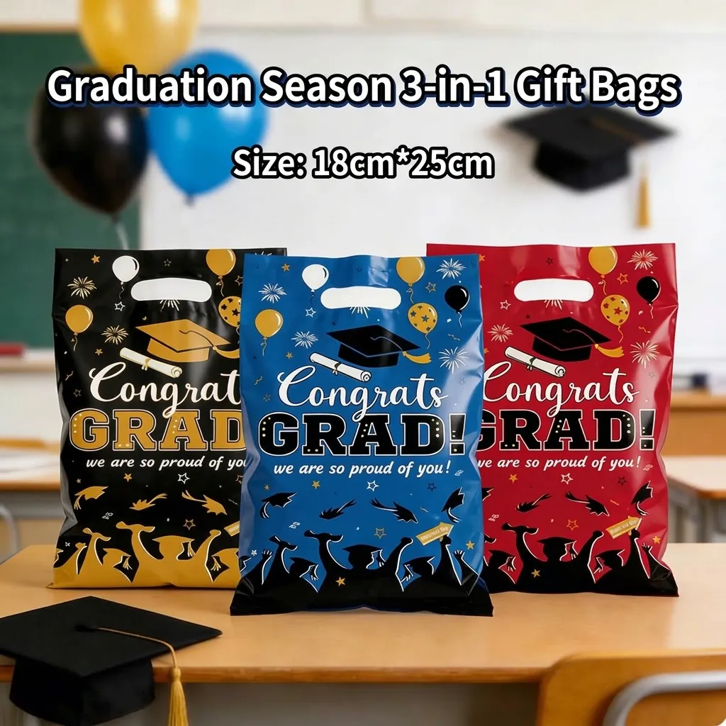 Congrats Grad Graduation Party Gift Bags Plastic Handheld Treat Bags Mixed Colors For Graduation Ceremony Celebration Favors