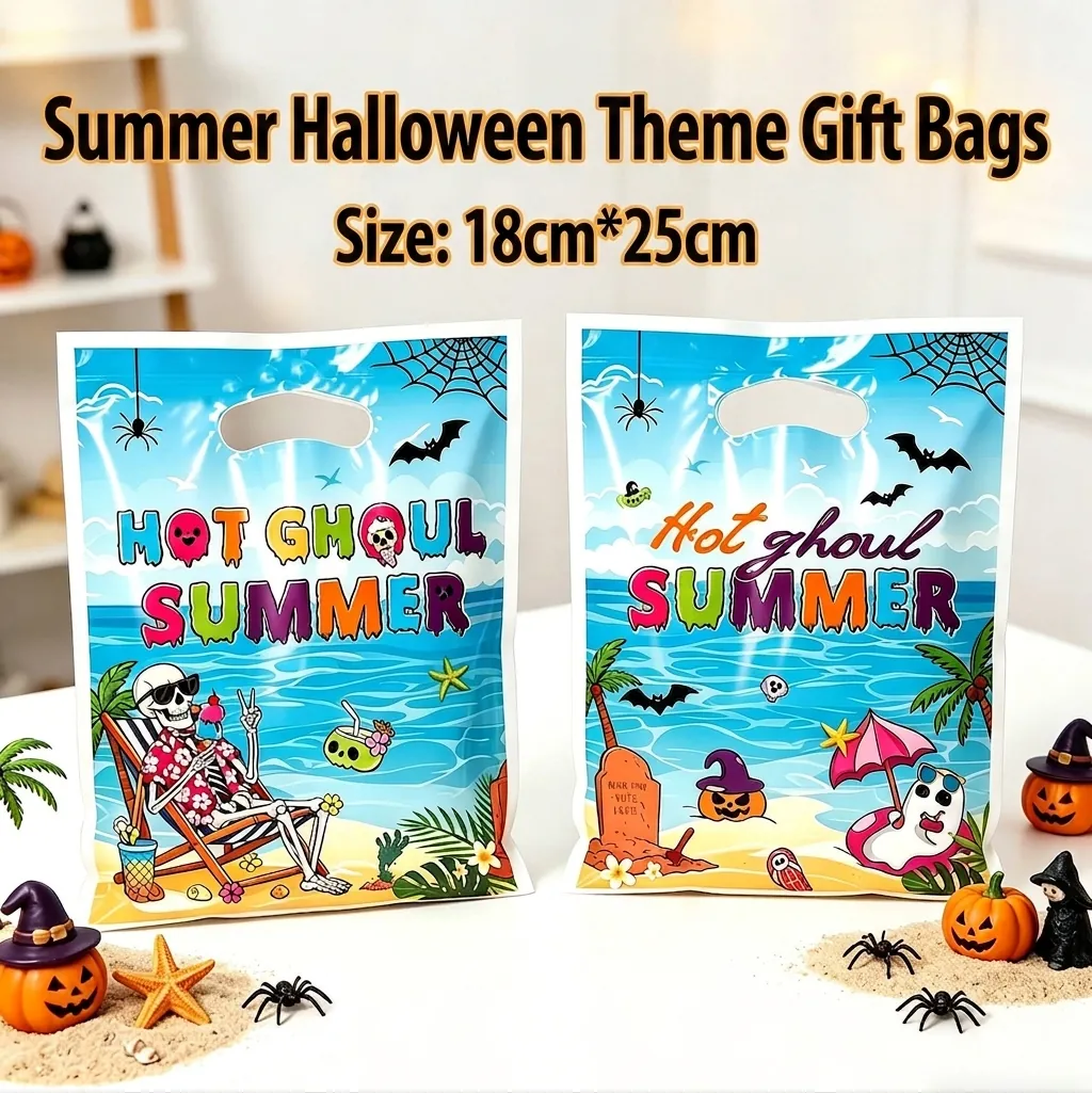 Summer Halloween Theme Plastic Gift Bags Skull Beach Print Hot Ghoul Summer Party Candy Snack Tote Bag For Holiday Celebration