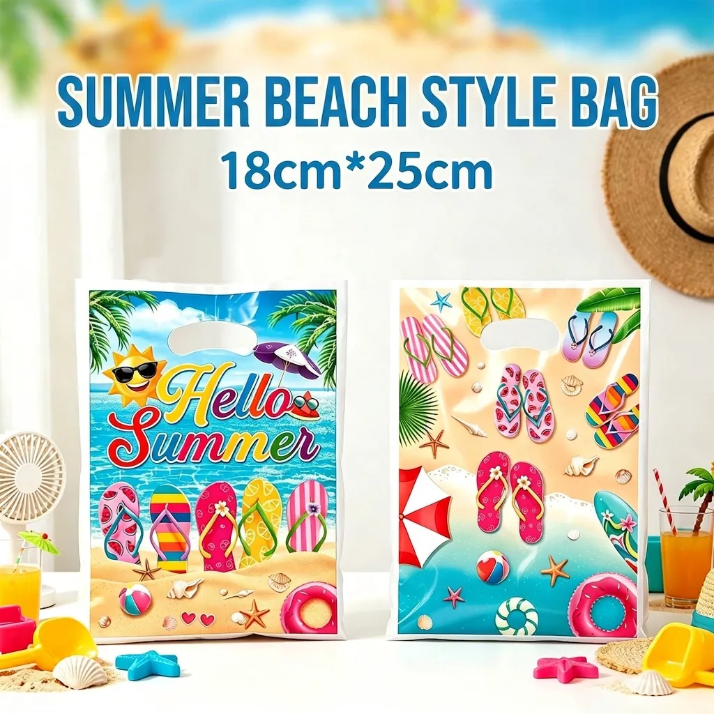 Sommerurlaub Thema Kunststoff Tragetasche Geschenkbeutel Mit Flip Flop Druck Cartoon Strand Muster Ausgestanzte Griff Taschen Für Party