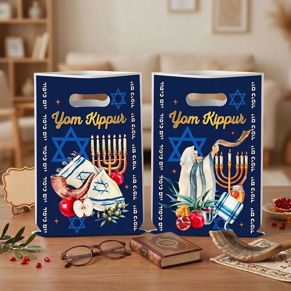 Yom Kippur Gift Bags Jewish Religious Star Of David Menorah Shofar Printed Plastic Handle Treat Bags For Holiday Party