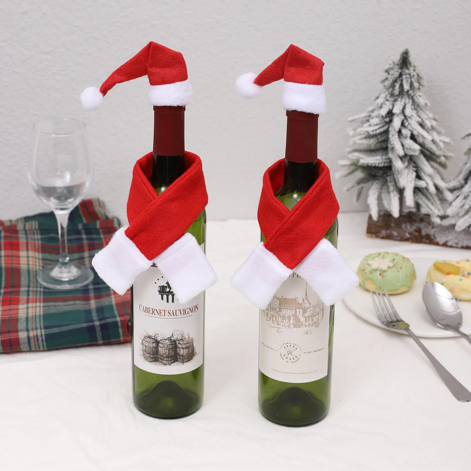Christmas Wine Bottle Decoration Set Red Non-woven Fabric Mini Santa Hat And Scarf For Xmas Dinner Table Home Party Decor