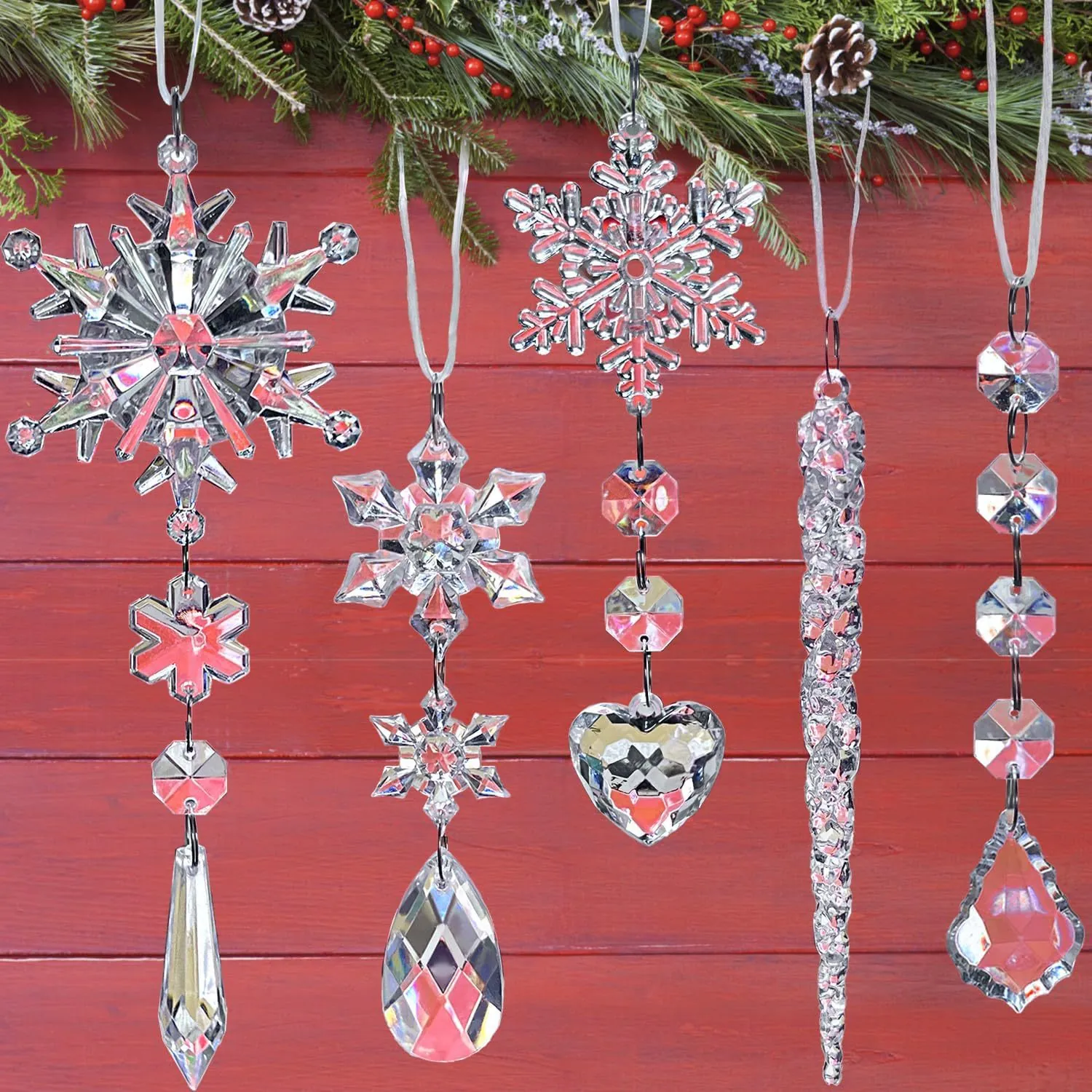 21Pcs Clear Acrylic Christmas Ornaments Set Snowflake Icicle Maple Leaf Heart Crystal Hanging Pendant For Holiday Tree Decor