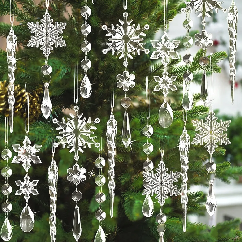 Clear Acrylic Christmas Ornaments Snowflake Icicle Hanging Decorations For Festive Holiday Tree Decor Accessories Winter Party Supplies