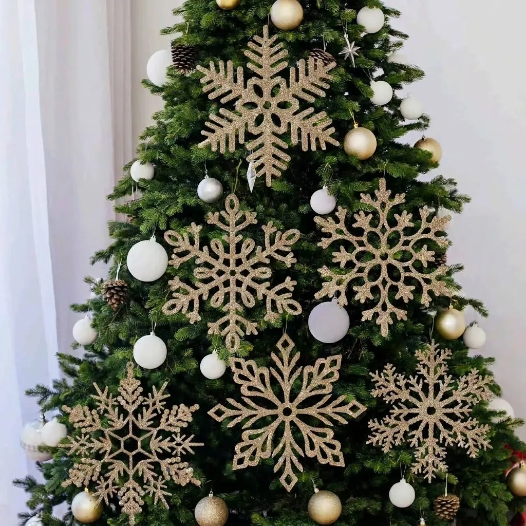 Champagne Gold Snowflake Christmas Decorations Glitter Large Hanging Ornaments Winter Home Window Indoor Outdoor Party Decor
