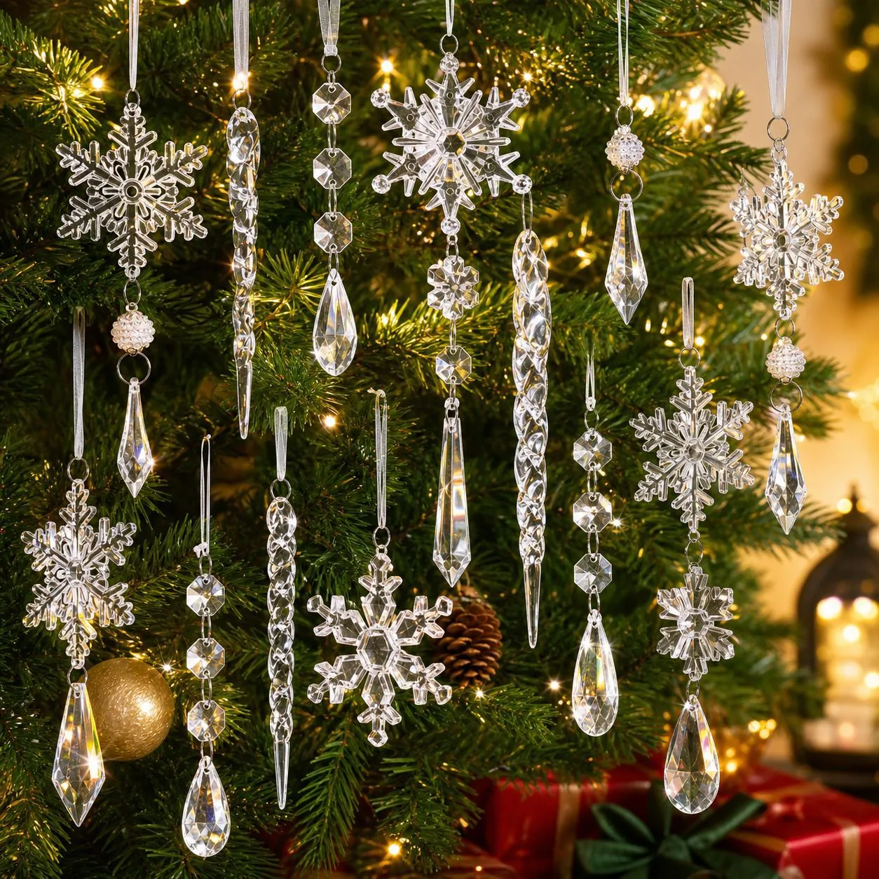 Acryl Weihnachten Eiszapfen Schneeflocke Hängende Ornamente Set Transparent Eiskristall Baumdekoration Für Xmas Party Heimdekor