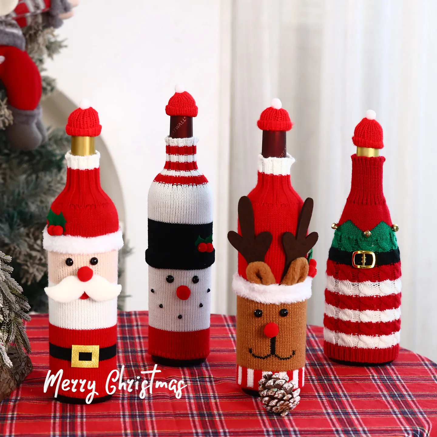 Housses de Bouteille de Vin en Tricot de Noël Motif Père Noël Renne Bonhomme de Neige Décoration de Table Fête de Noël Cuisine Décoration de Bouteille