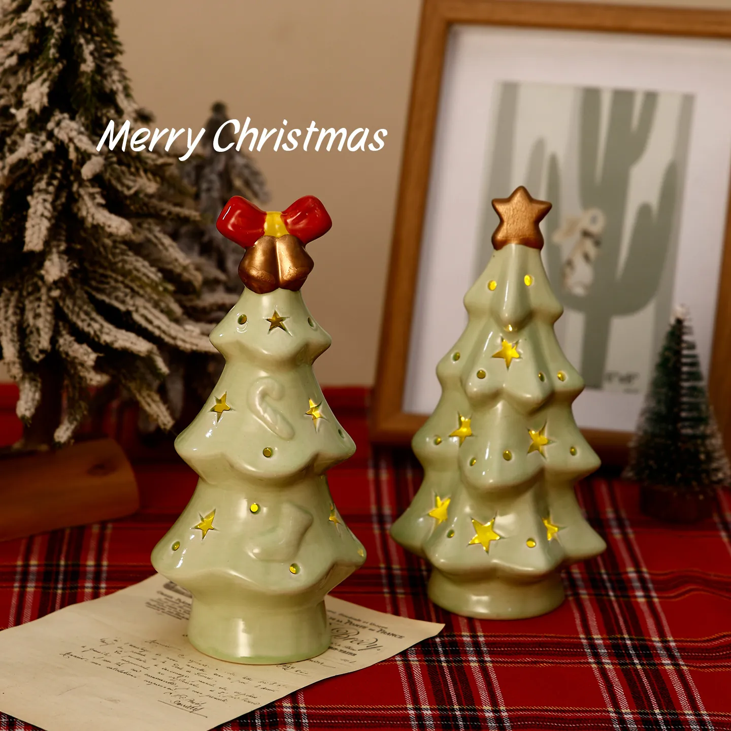 Ceramic Christmas Tree Night Light Star Hollow Table Ornament LED Luminous Desktop Decoration For Holiday Xmas Gift