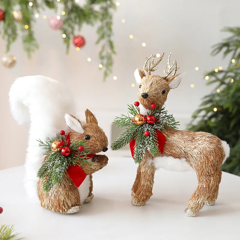 Ornamenti Animali Natalizi in Paglia Intrecciata Fatti a Mano Volpe Scoiattolo Cervo Figurine Decorazione Finestra Natale