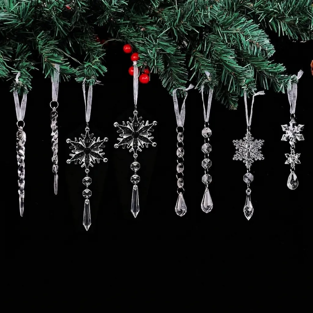 Klar Weihnachten Schneeflocke Eiszapfen Ornamente Set Acryl Kunststoff Eiskegel Anhänger Hängende Dekorationen Für Baum Party